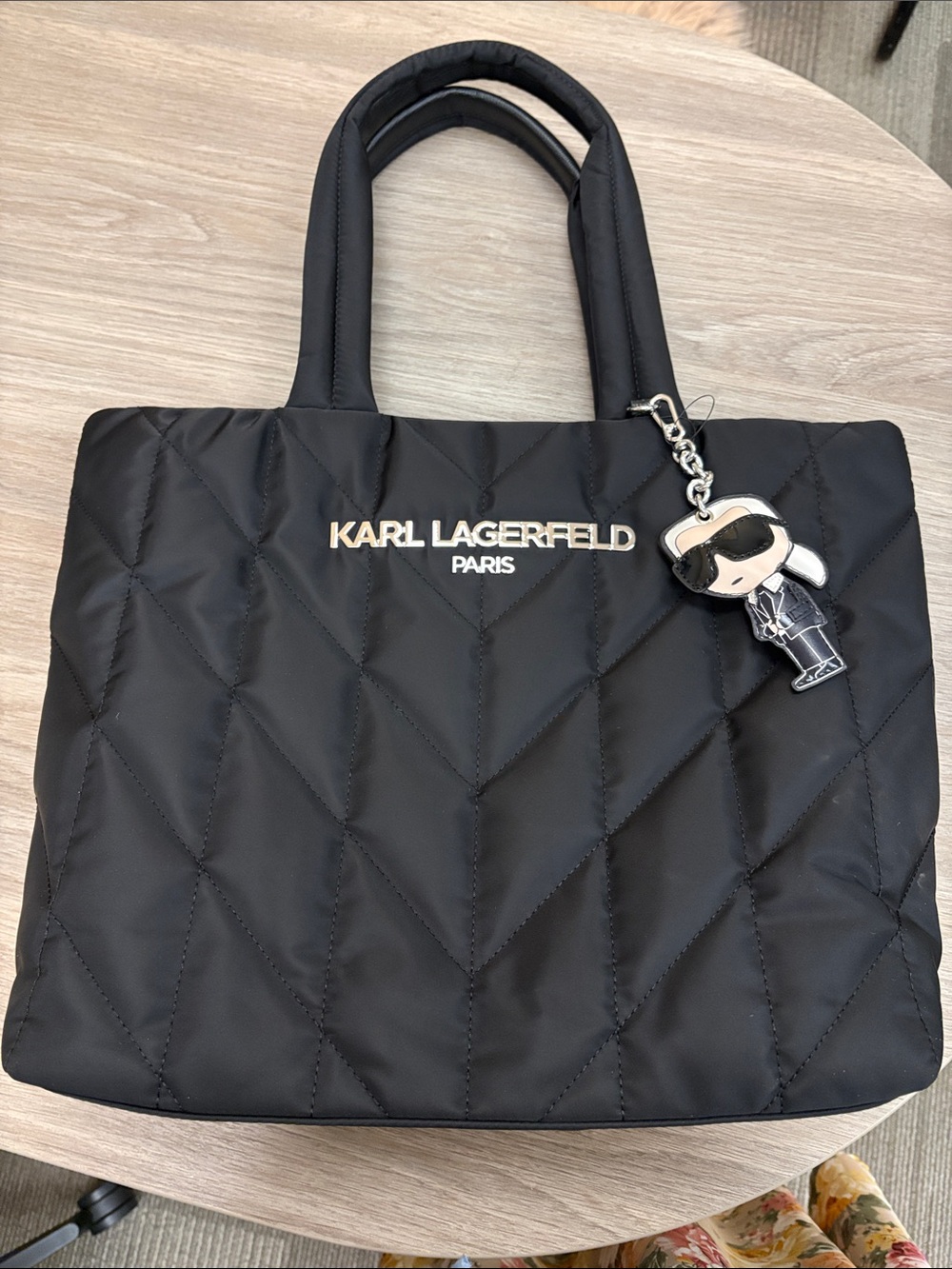 Karl Lagerfeld Black Quilted Tote with Character Charm